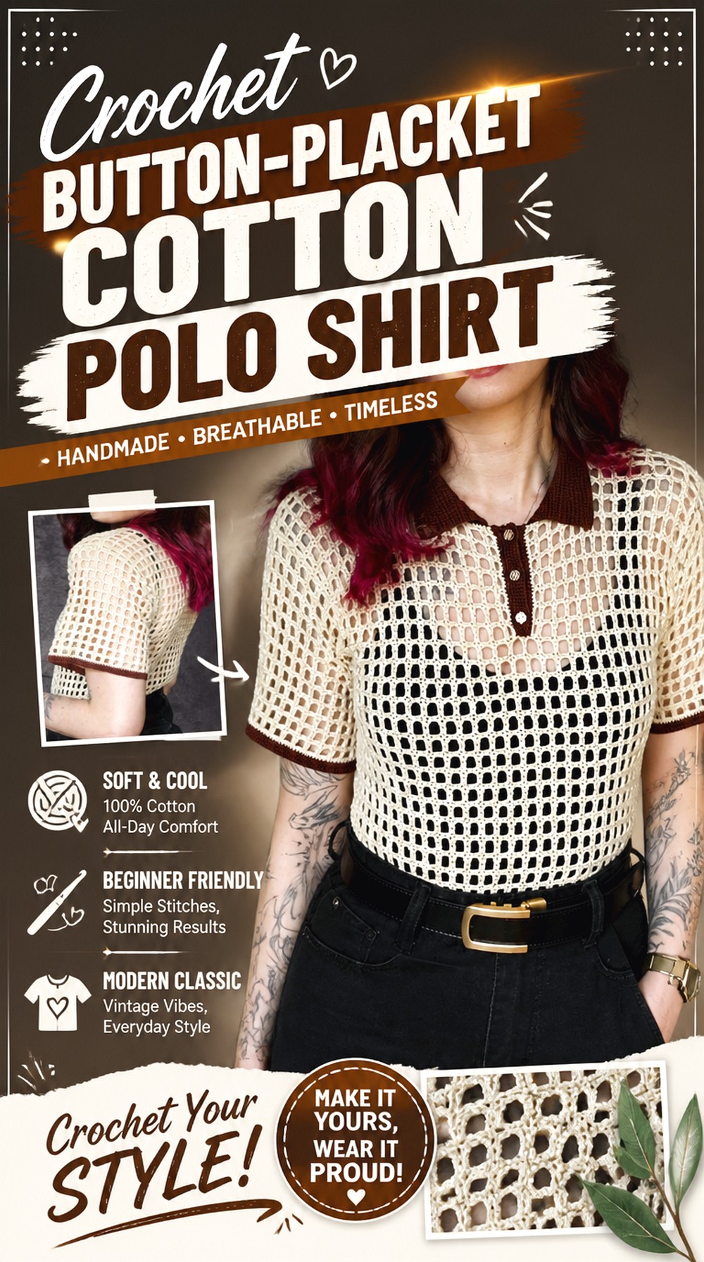 Crochet Button Placket Cotton Polo Shirt