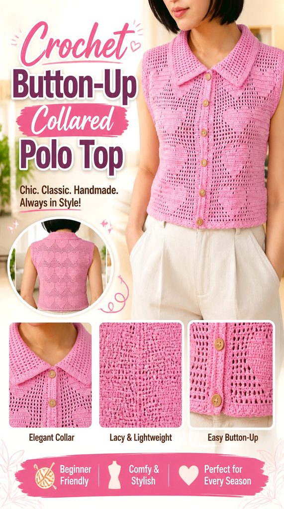 Crochet Button Up Collared Polo Top