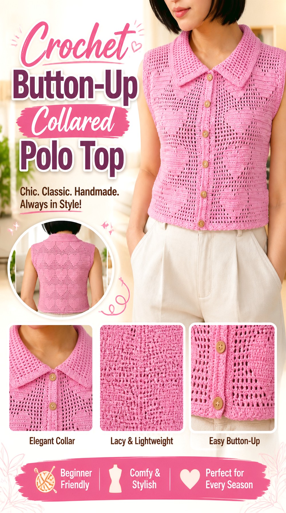 Crochet Button Up Collared Polo Top