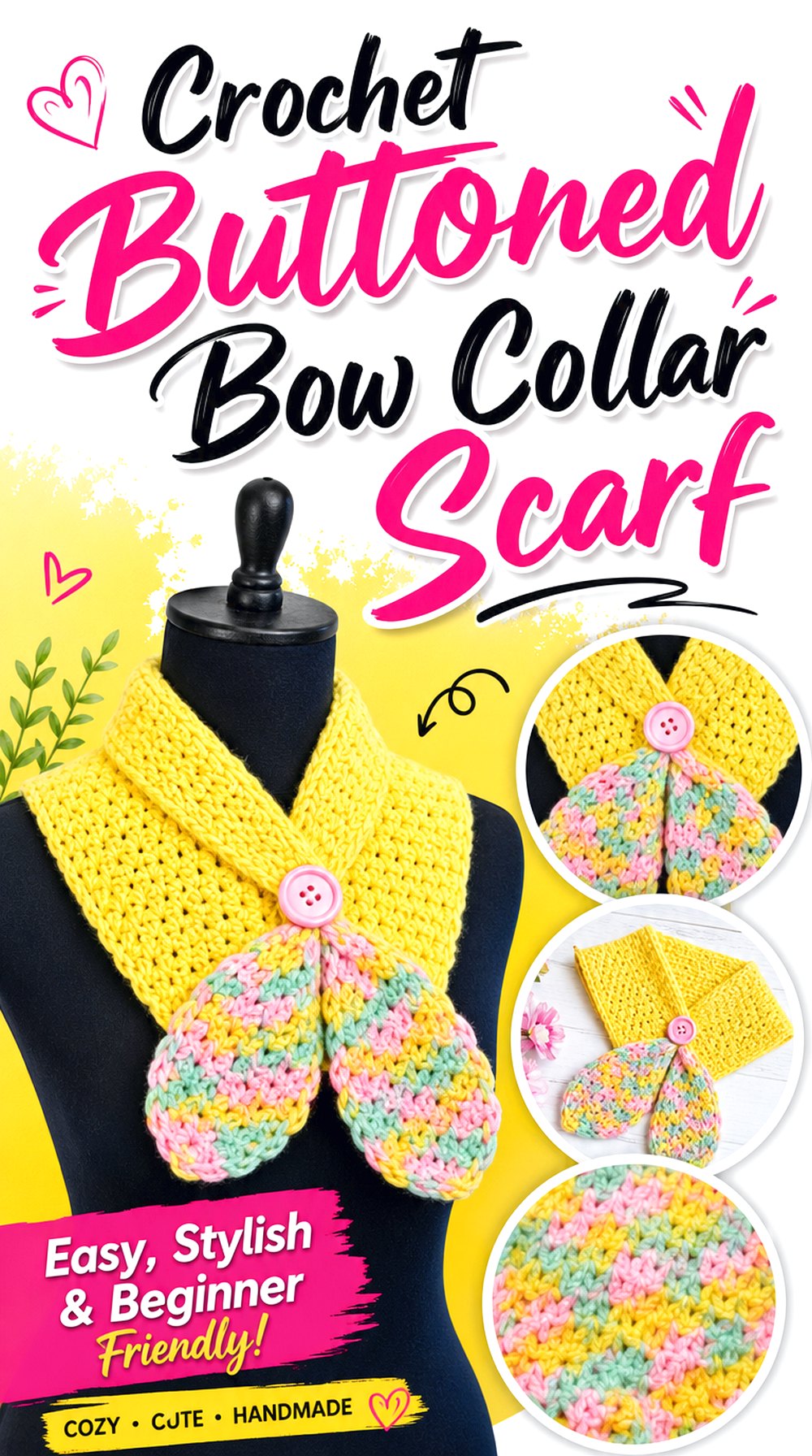 Crochet Buttoned Bow Collar Scarf