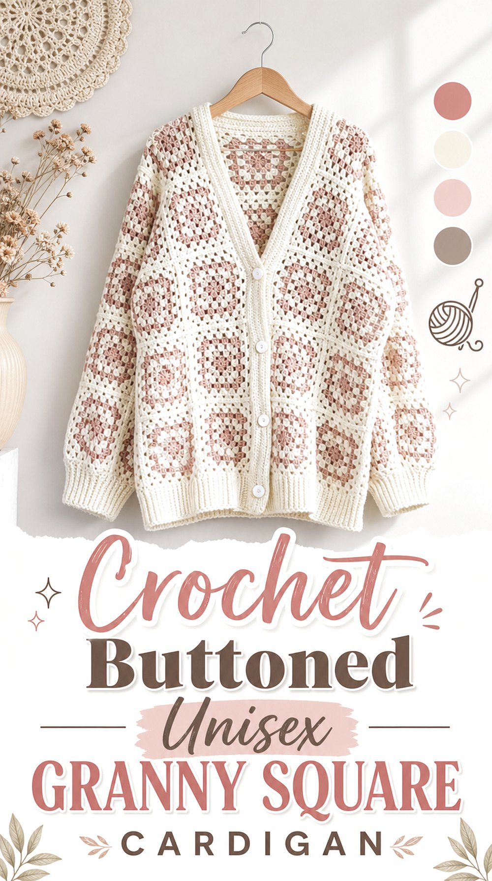 Crochet Buttoned Unisex Granny Square Cardigan