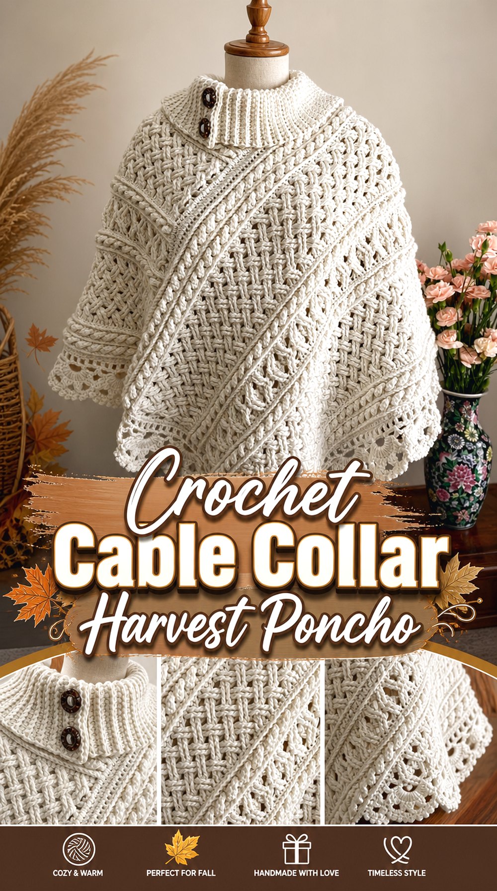 Crochet Cable Collar Harvest Poncho
