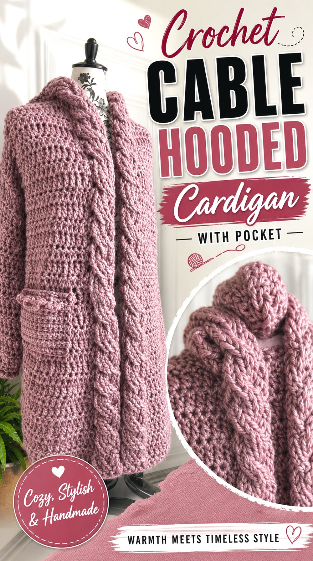Crochet Cable Hooded Cardigan with Pocket