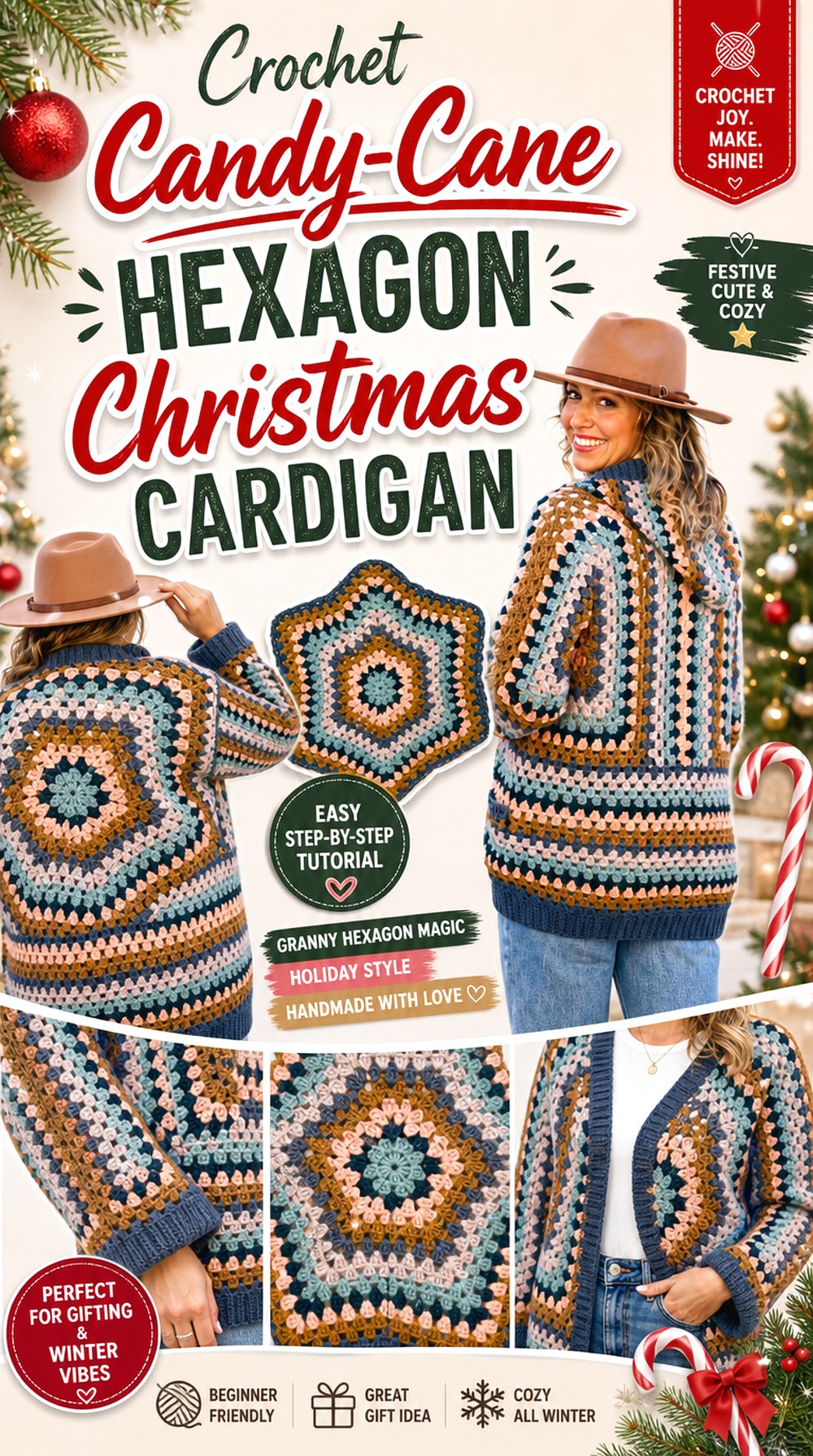 Crochet Candy Cane Hexagon Christmas Cardigan
