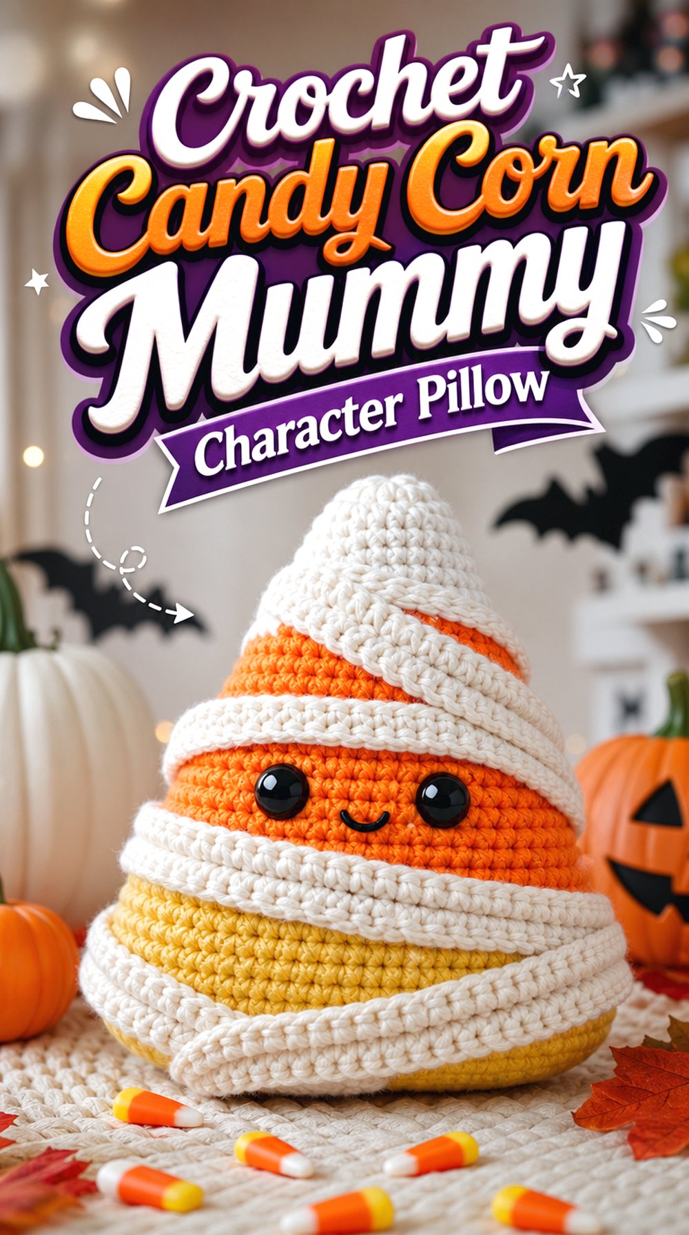 Crochet Candy Corn Mummy Character Pillow