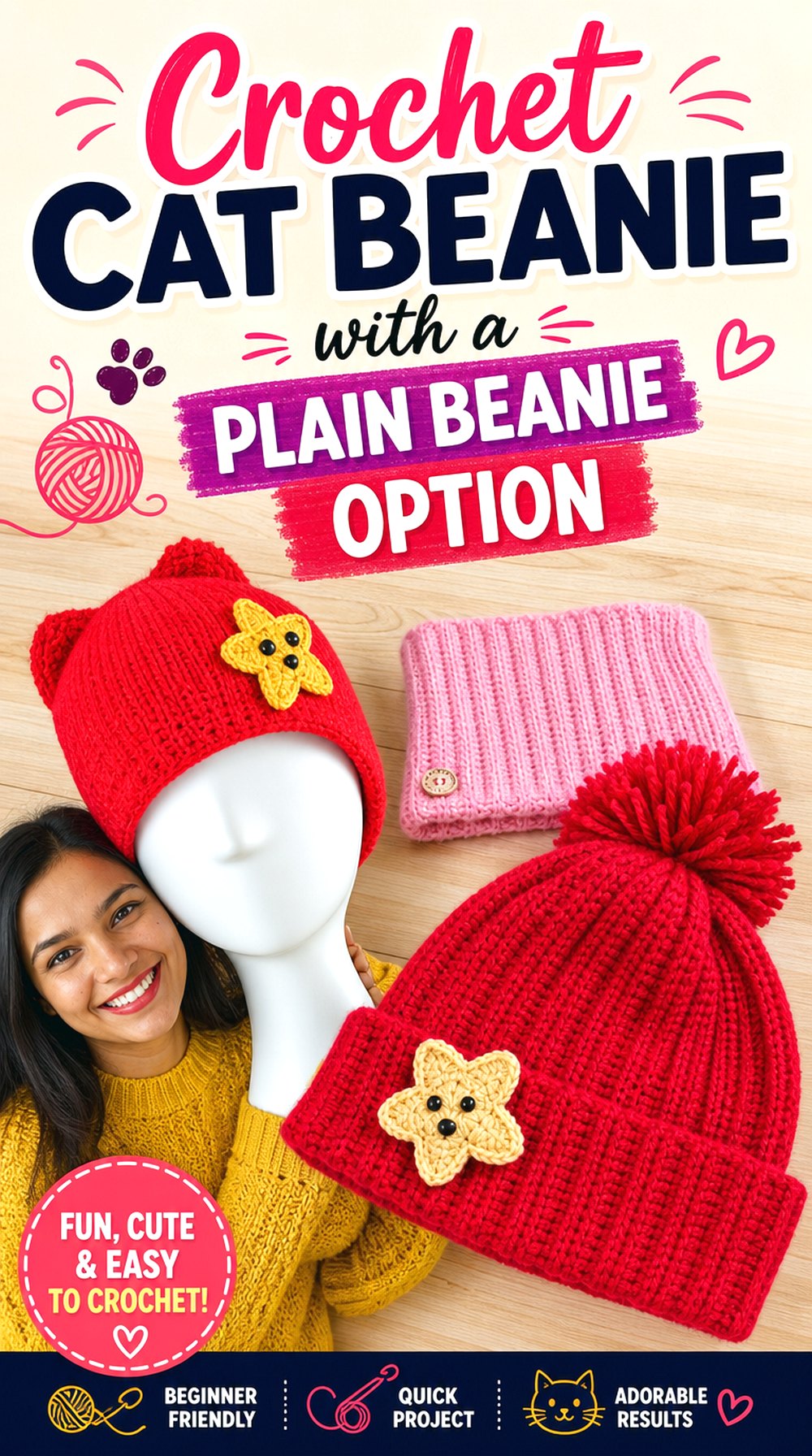 Crochet Cat Beanie with a Plain Beanie Option