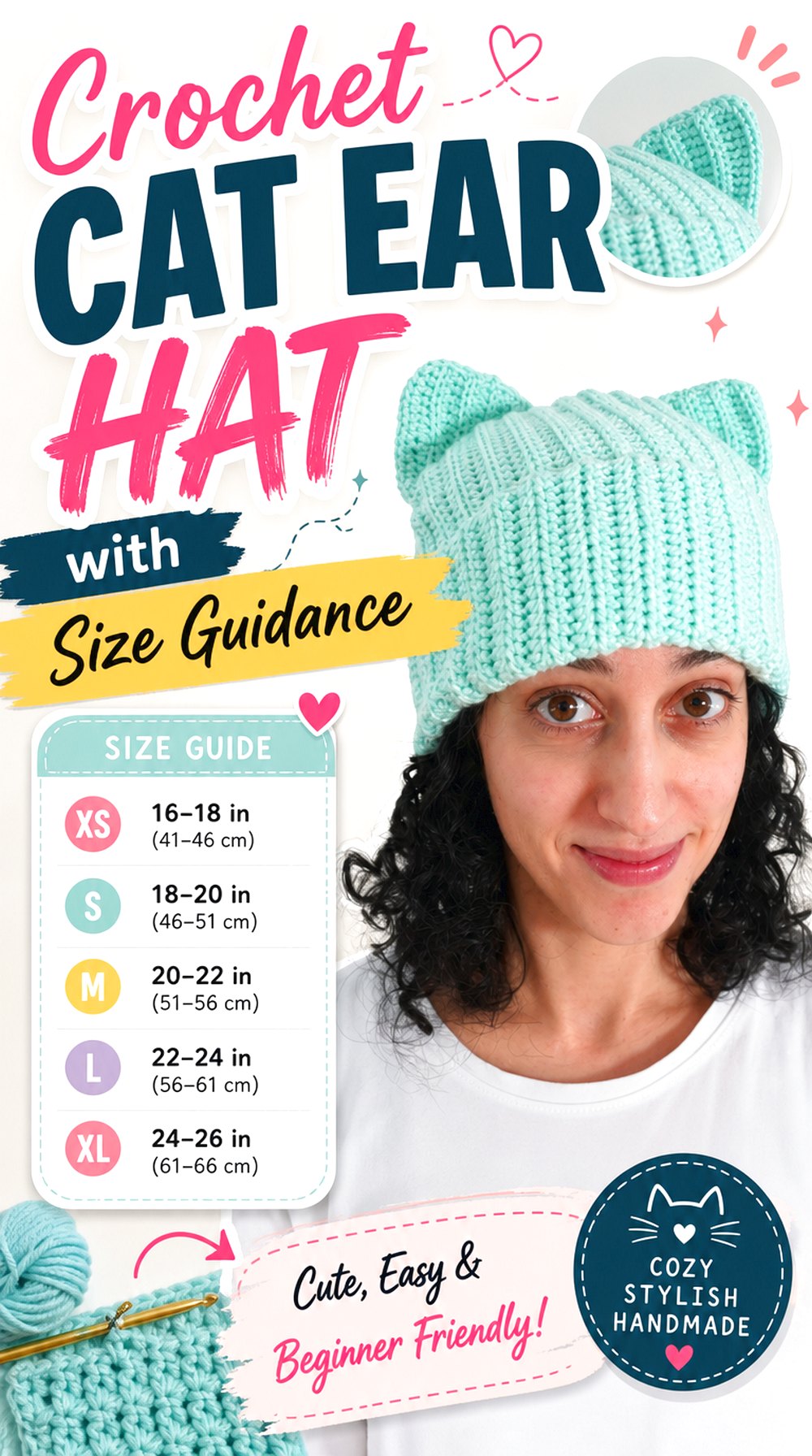 Crochet Cat Ear Hat with Size Guidance