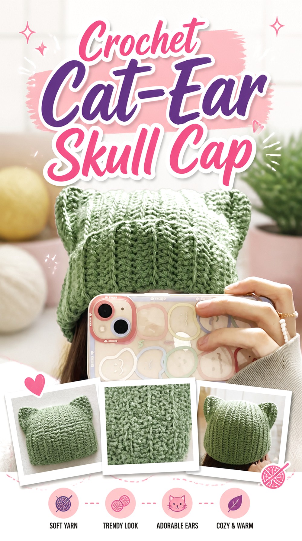 Crochet Cat Ear Skull Cap