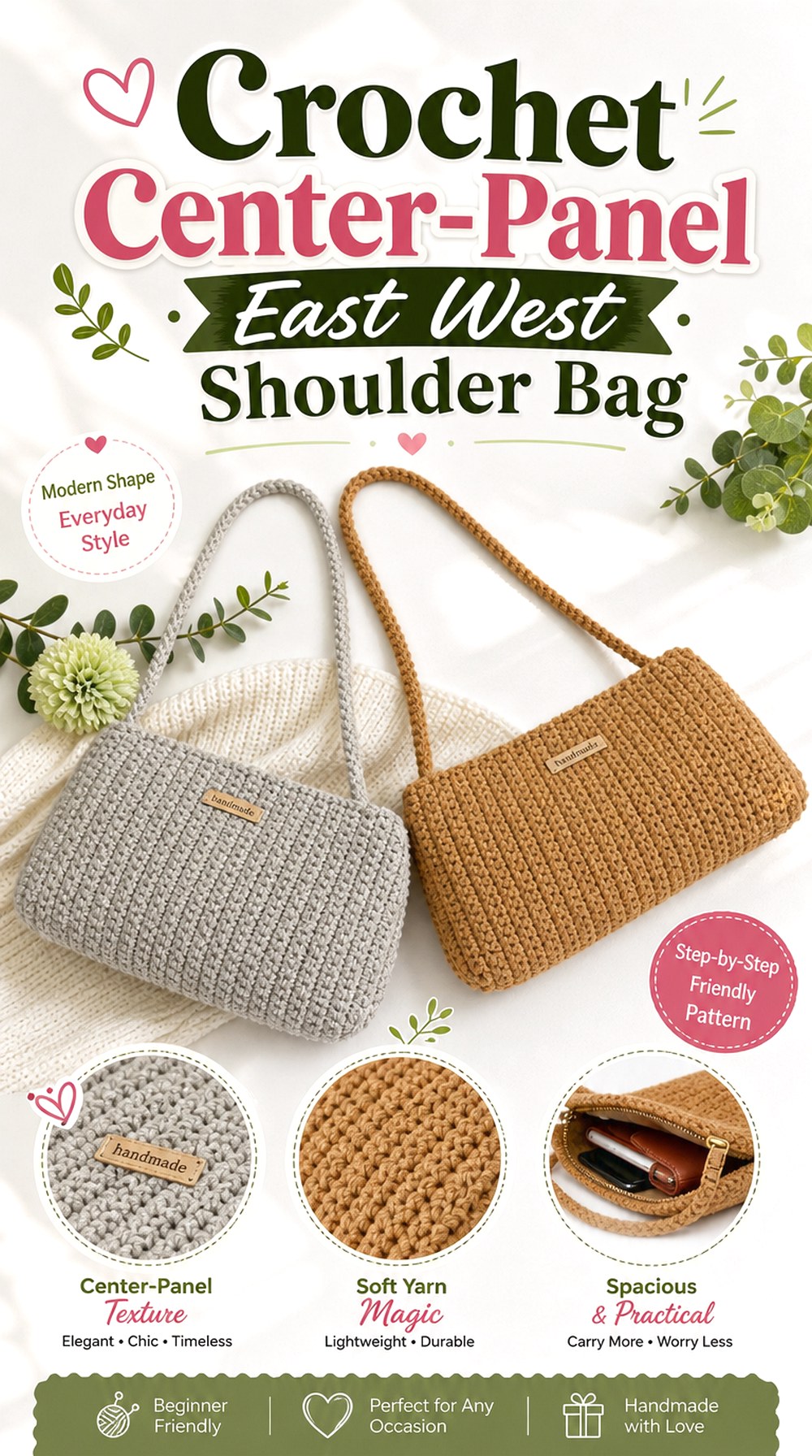 Crochet Center Panel East West Shoulder Bag