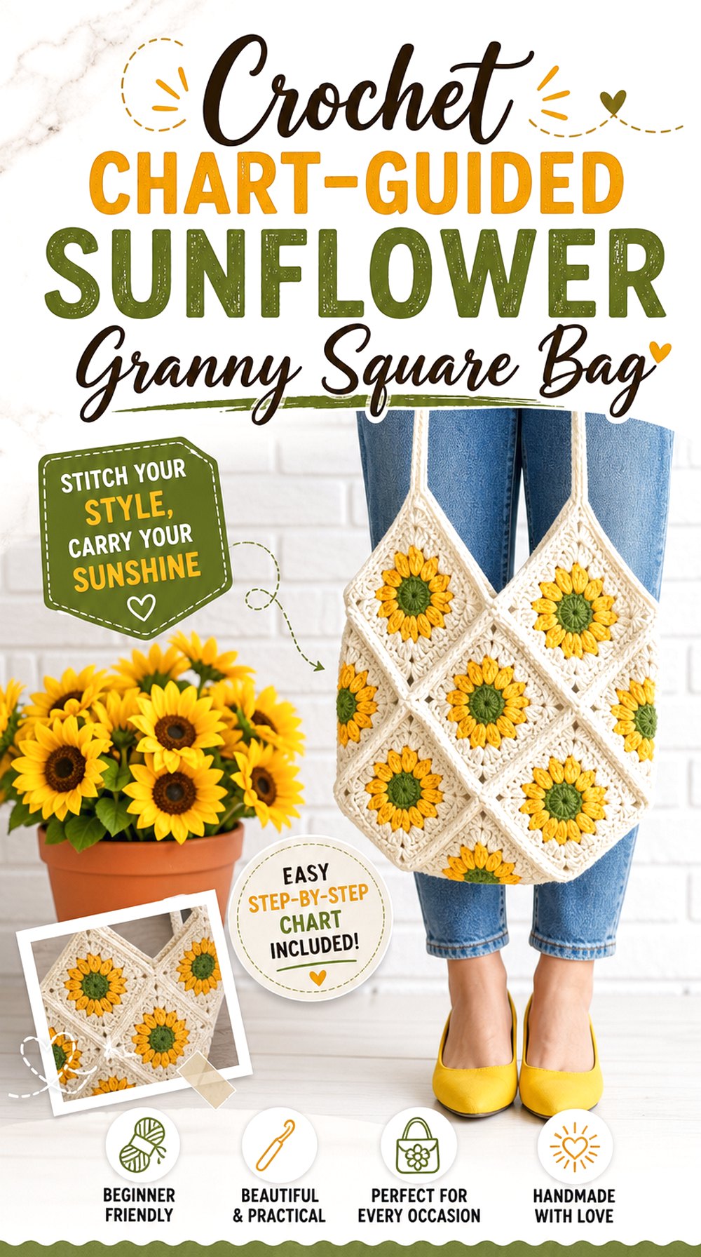 Crochet Chart Guided Sunflower Granny Square Bag
