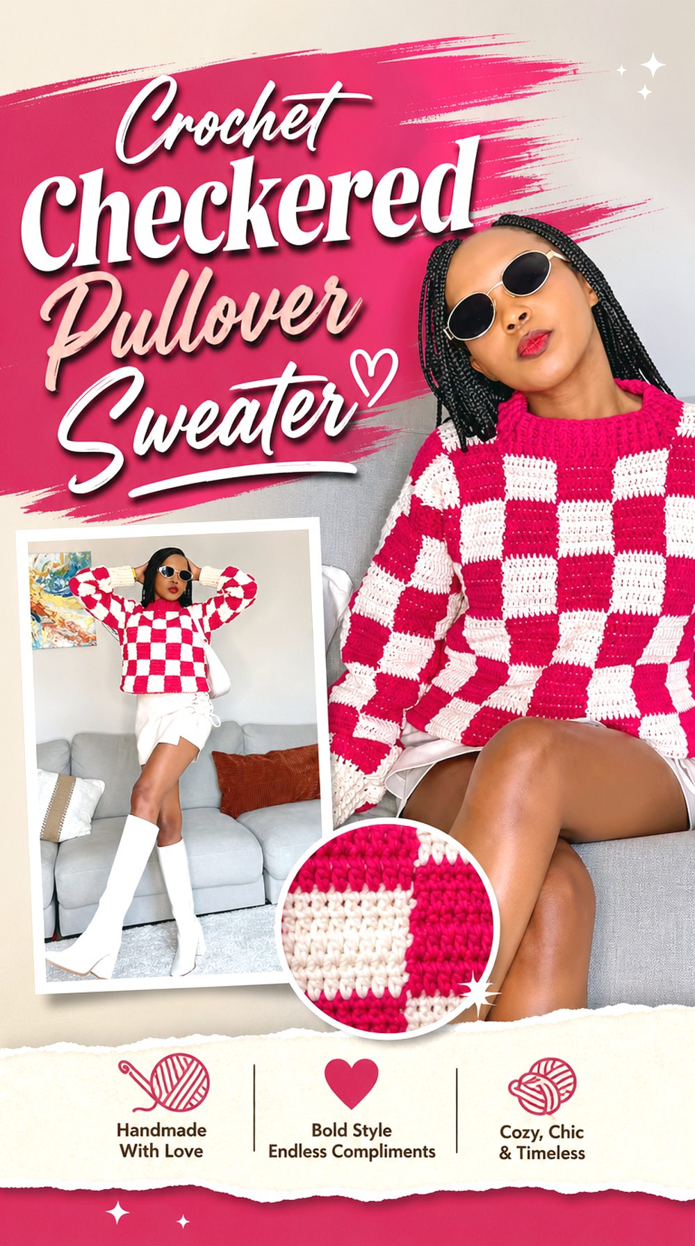 Crochet Checkered Pullover Sweater