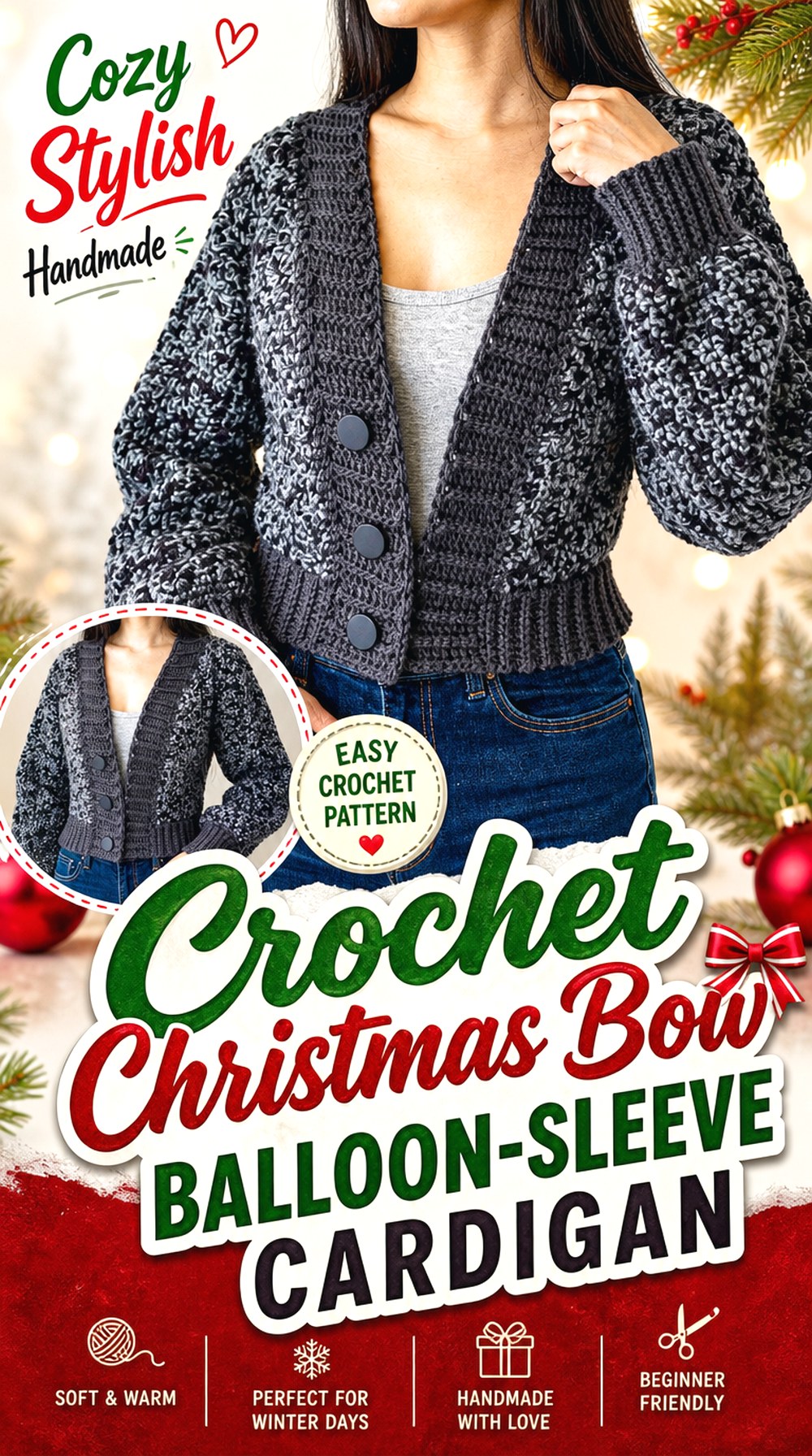 Crochet Christmas Bow Balloon Sleeve Cardigan