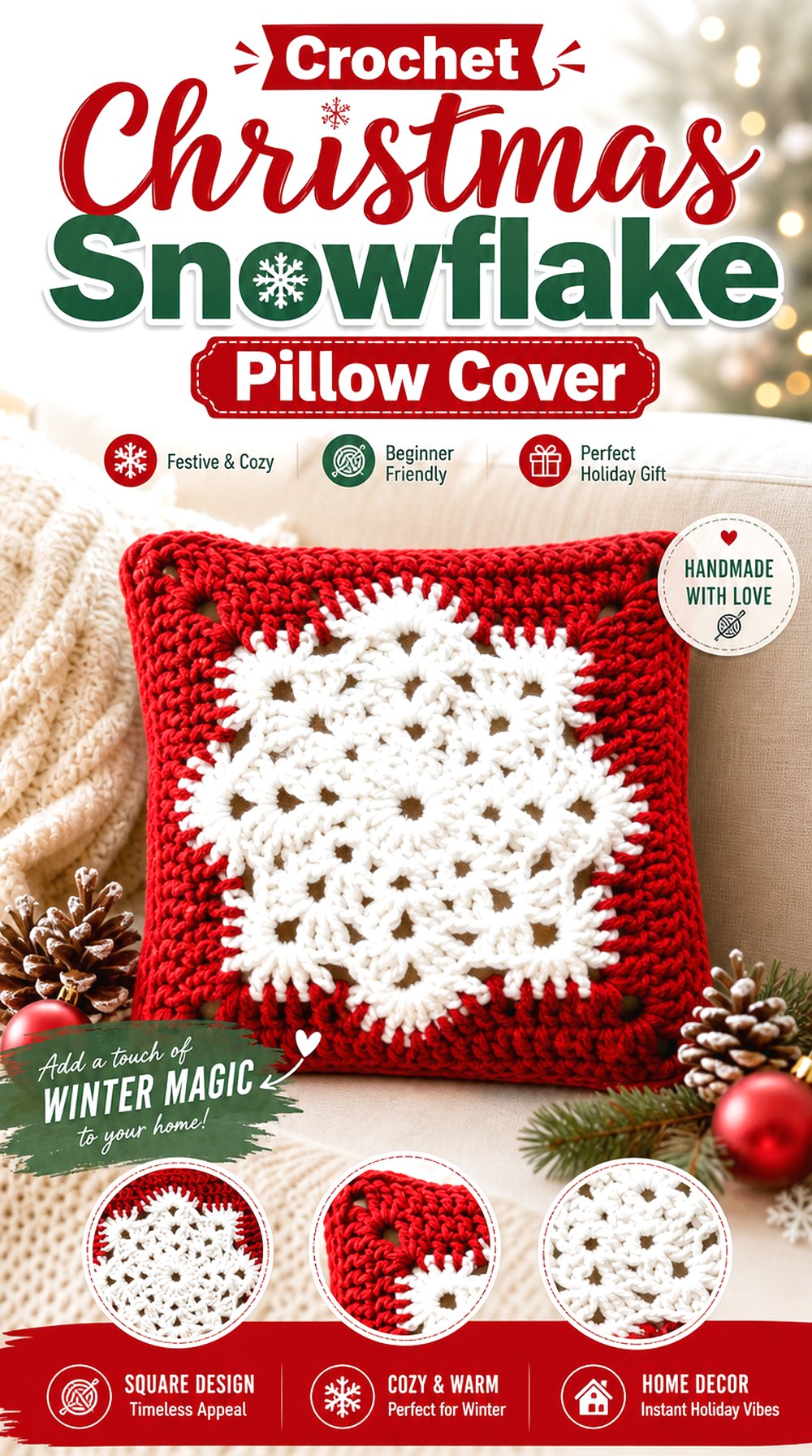 Crochet Christmas Snowflake Pillow Cover