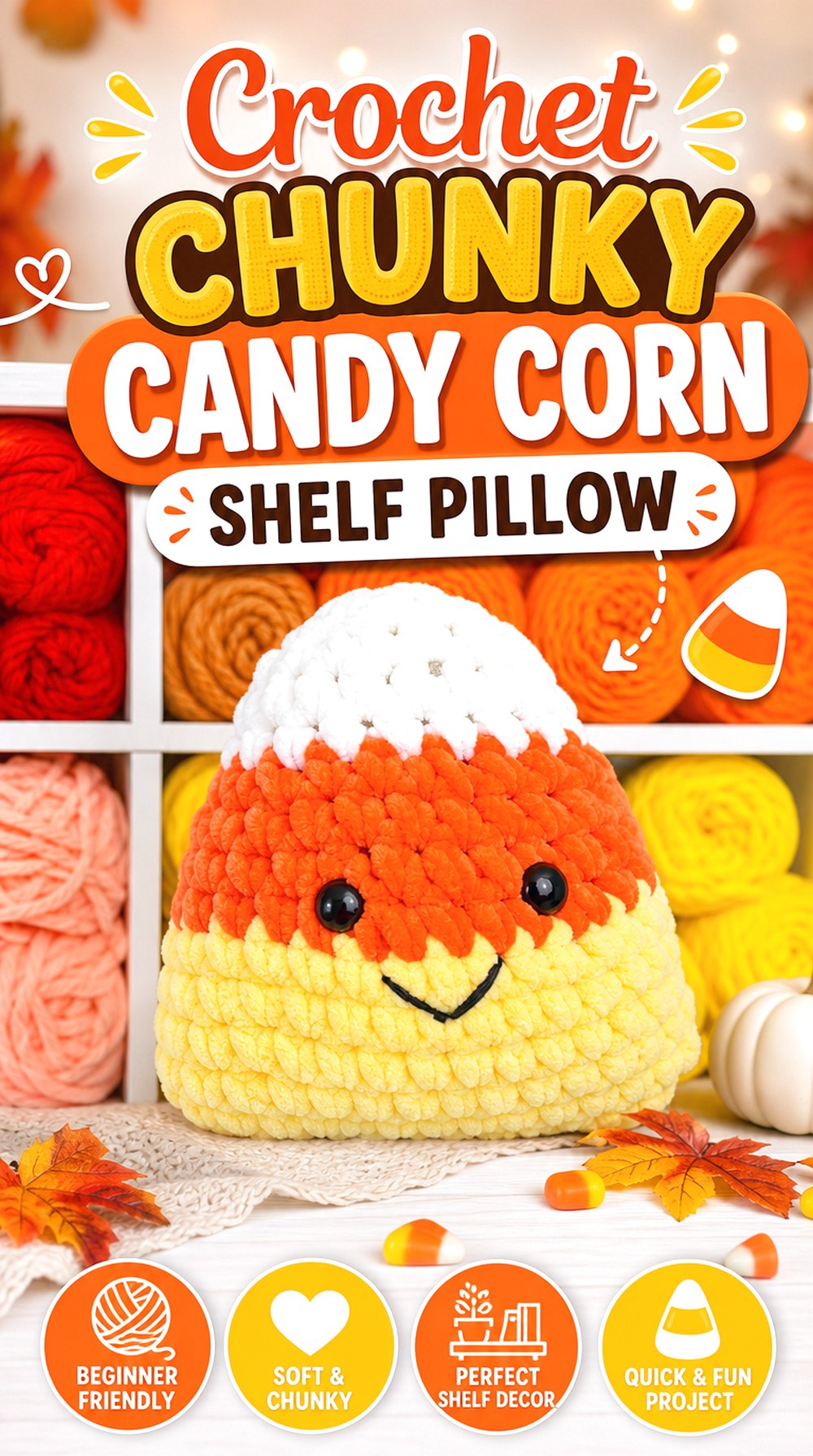 Crochet Chunky Candy Corn Shelf Pillow