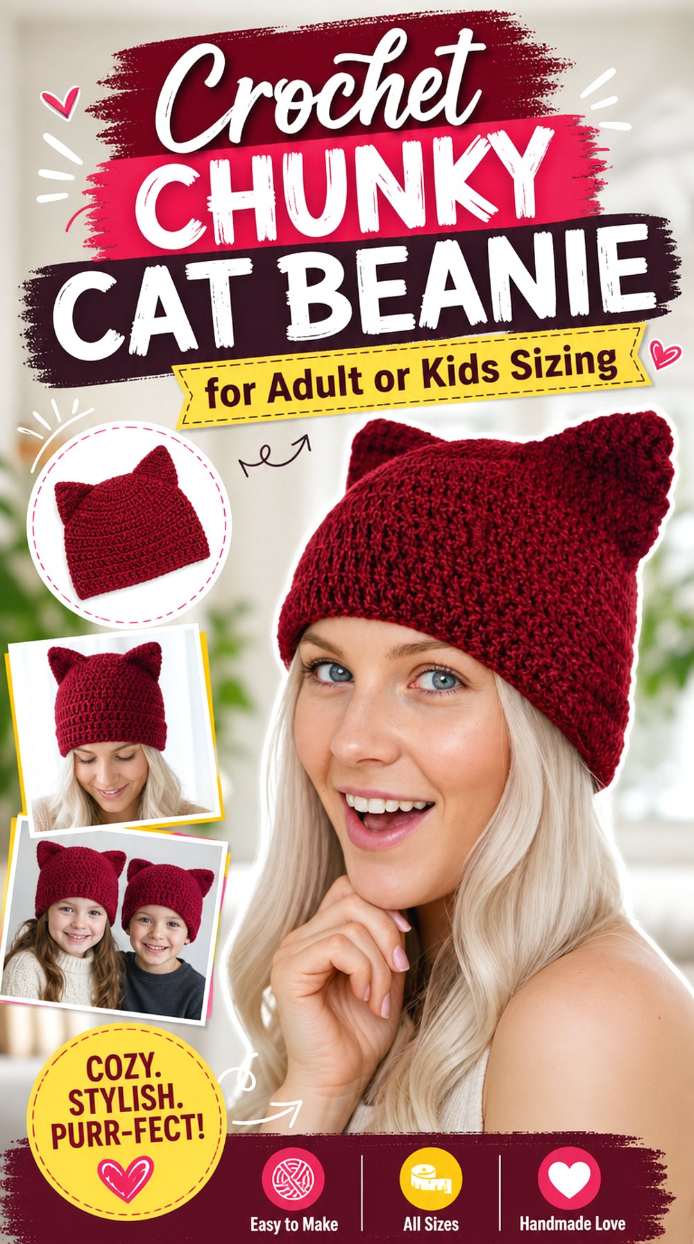 Crochet Chunky Cat Beanie for Adult or Kids Sizing