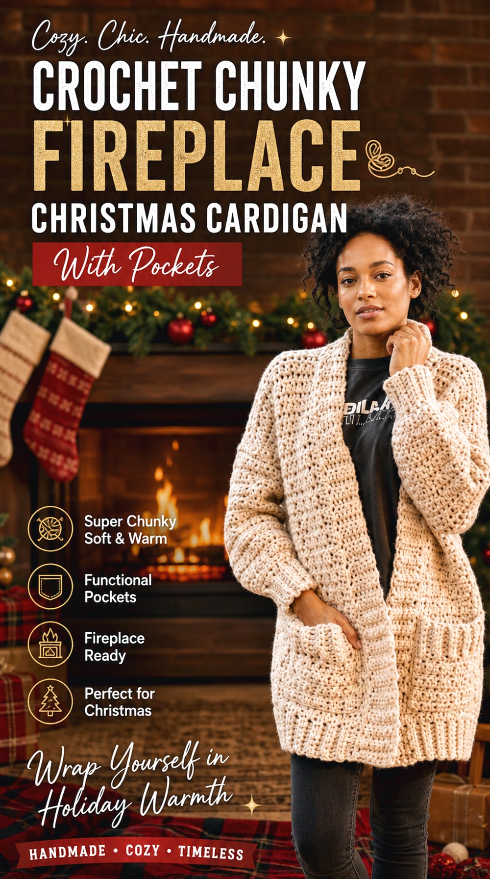 Crochet Chunky Fireplace Christmas Cardigan With Pockets