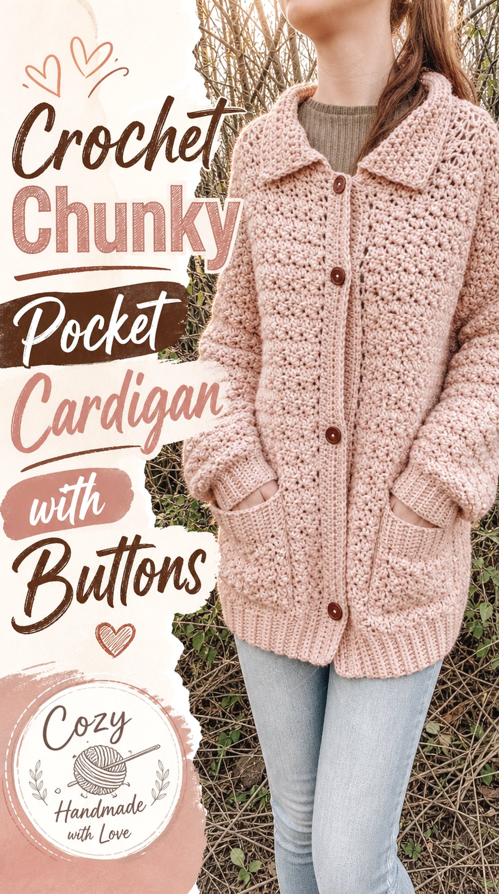 Crochet Chunky Pocket Cardigan with Buttons