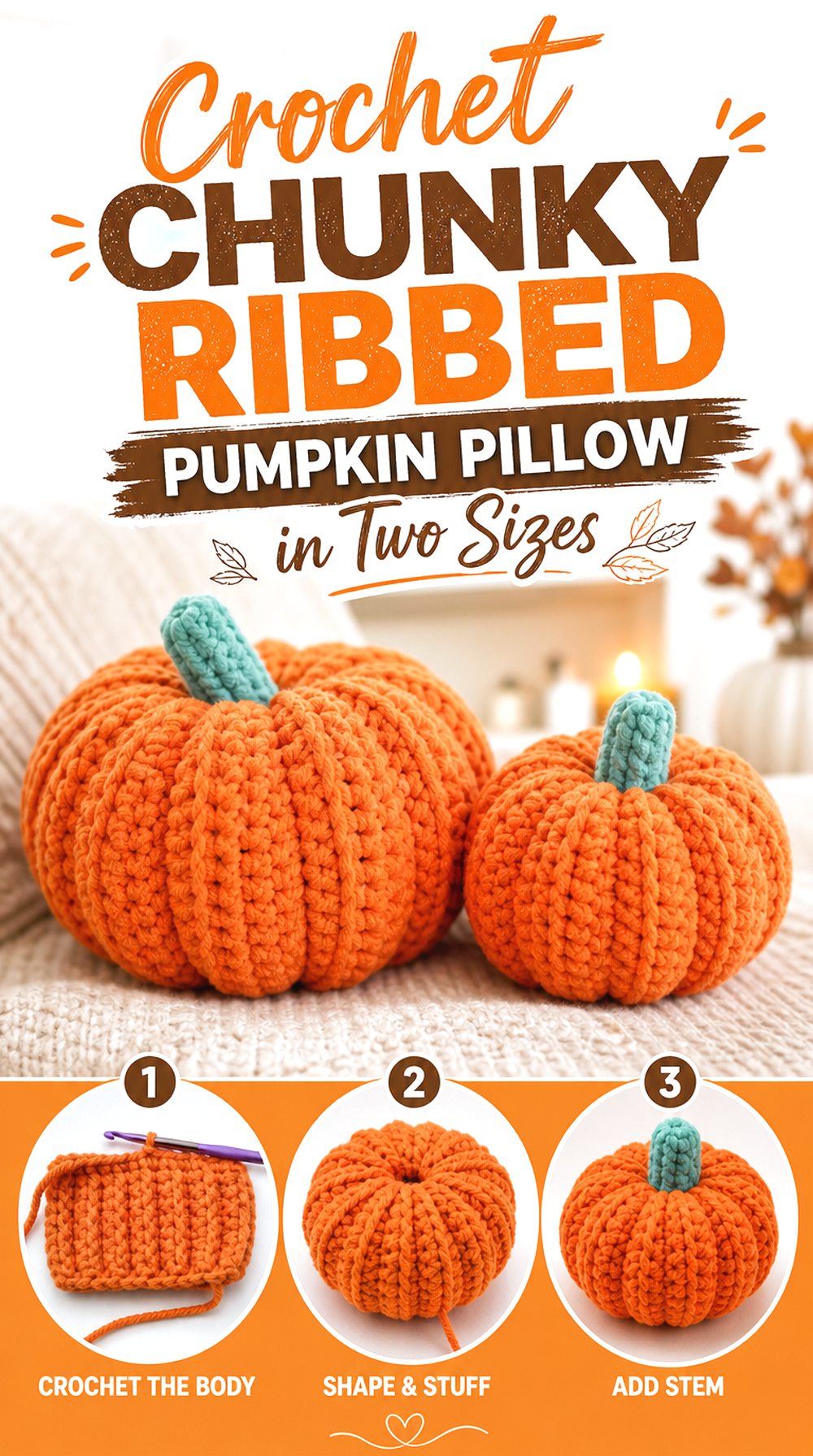 Crochet Chunky Ribbed Pumpkin Pillow in Two Sizes