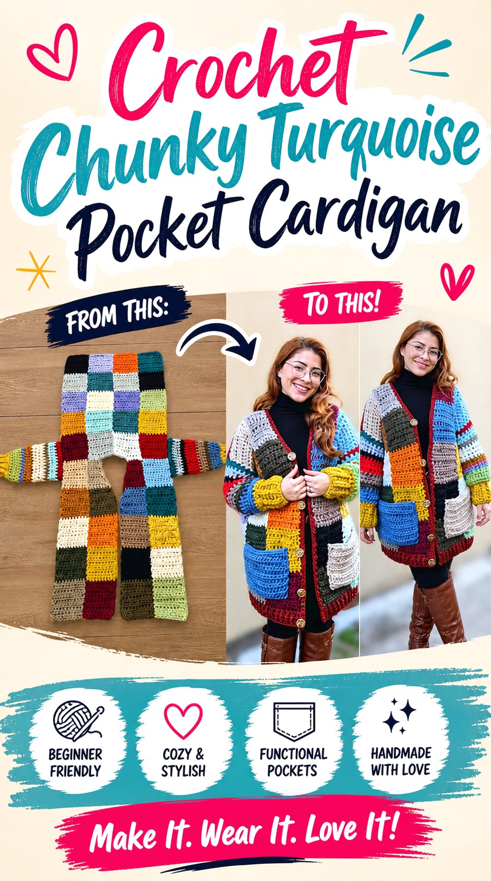 Crochet Chunky Turquoise Pocket Cardigan