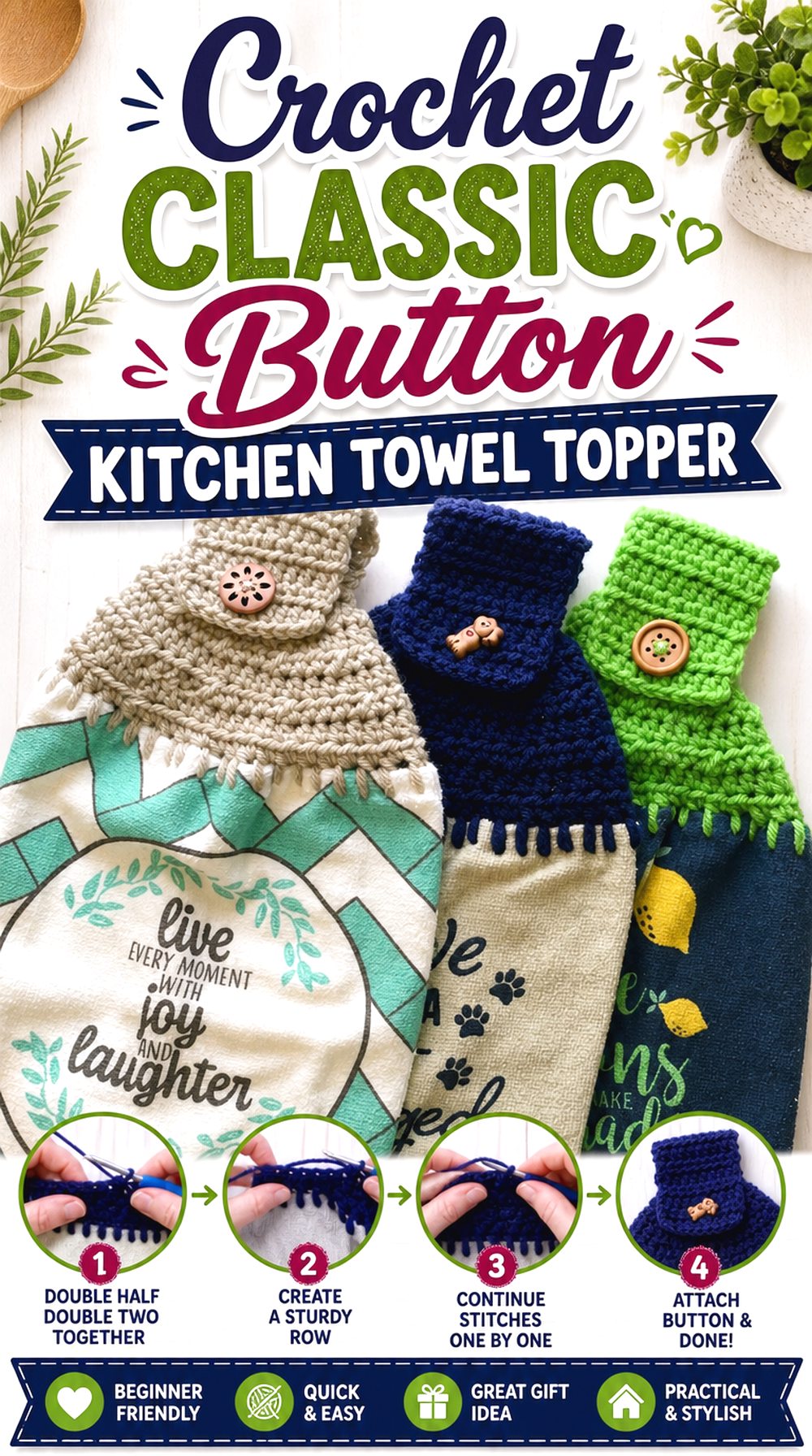 Crochet Classic Button Kitchen Towel Topper