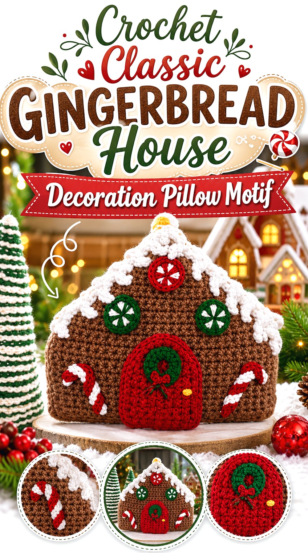 Crochet Classic Gingerbread House Decoration Pillow Motif