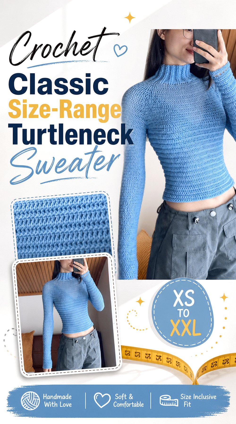 Crochet Classic Size Range Turtleneck Sweater