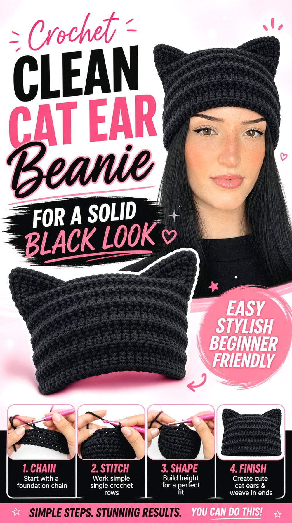 Crochet Clean Cat Ear Beanie for a Solid Black Look