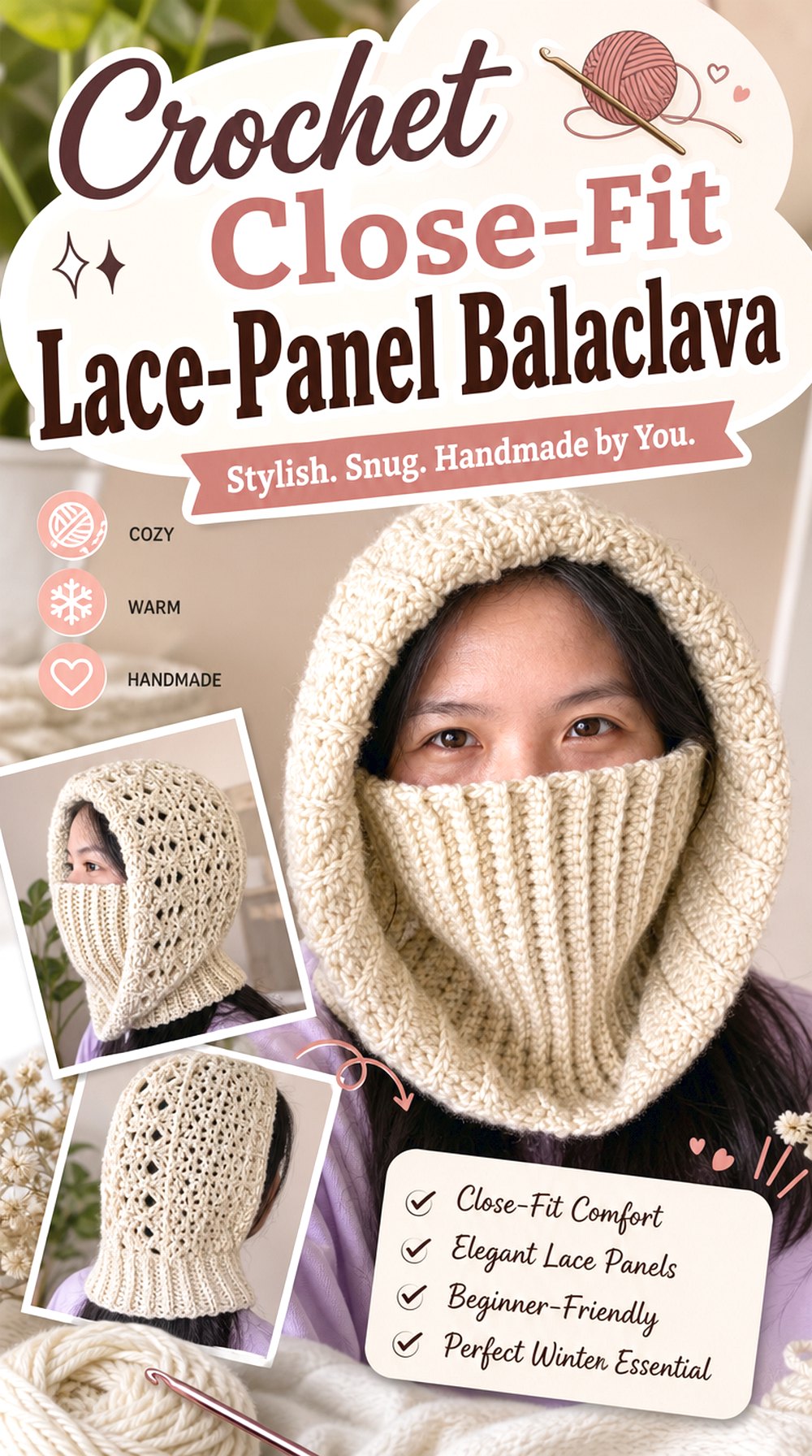 Crochet Close Fit Lace Panel Balaclava