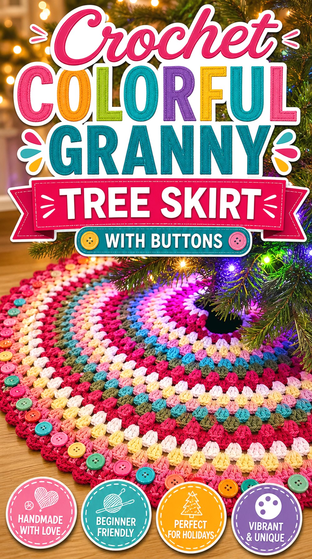 Crochet Colorful Granny Tree Skirt with Buttons