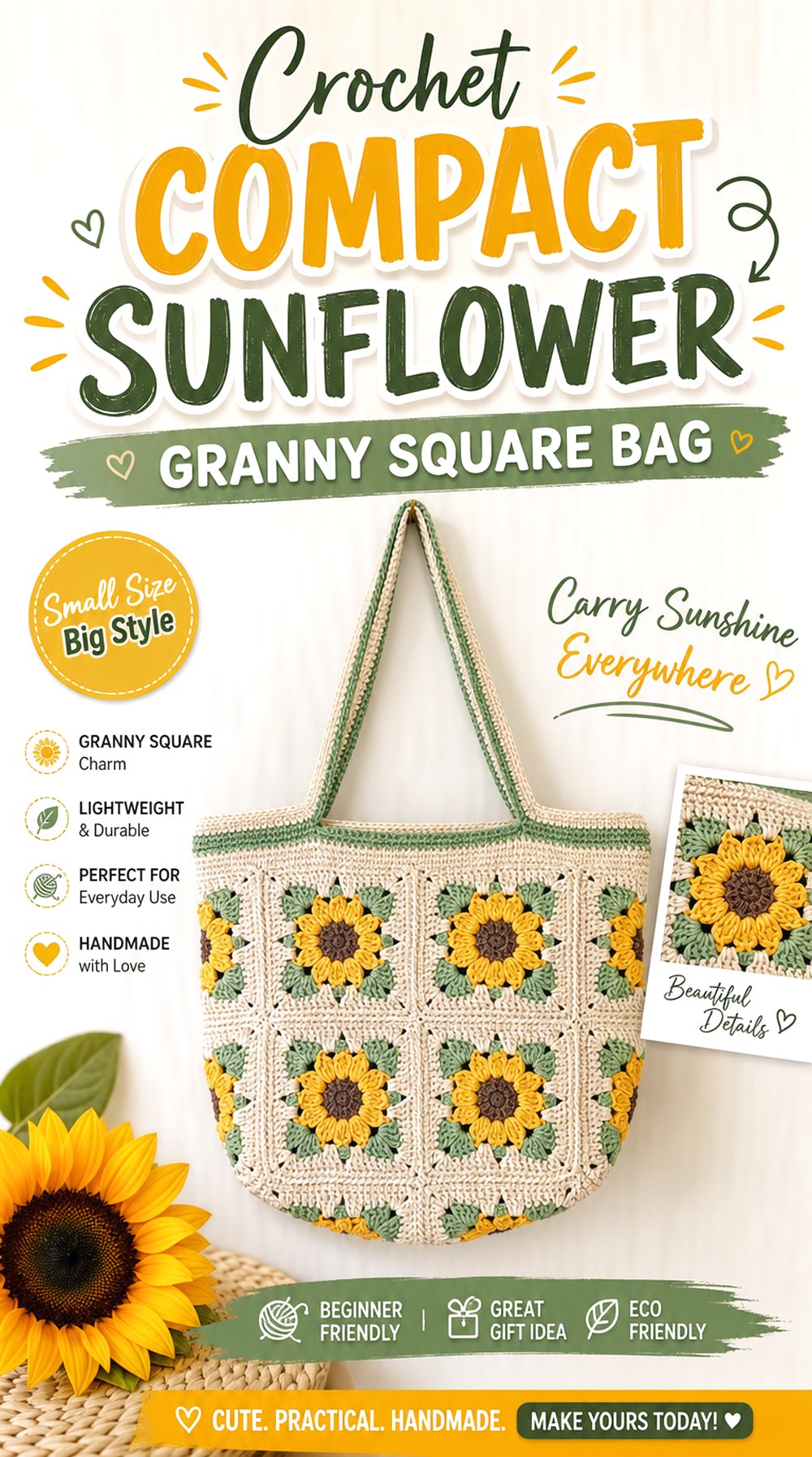 Crochet Compact Sunflower Granny Square Bag