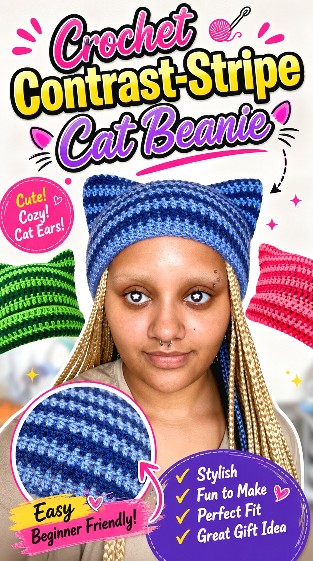 Crochet Contrast Stripe Cat Beanie