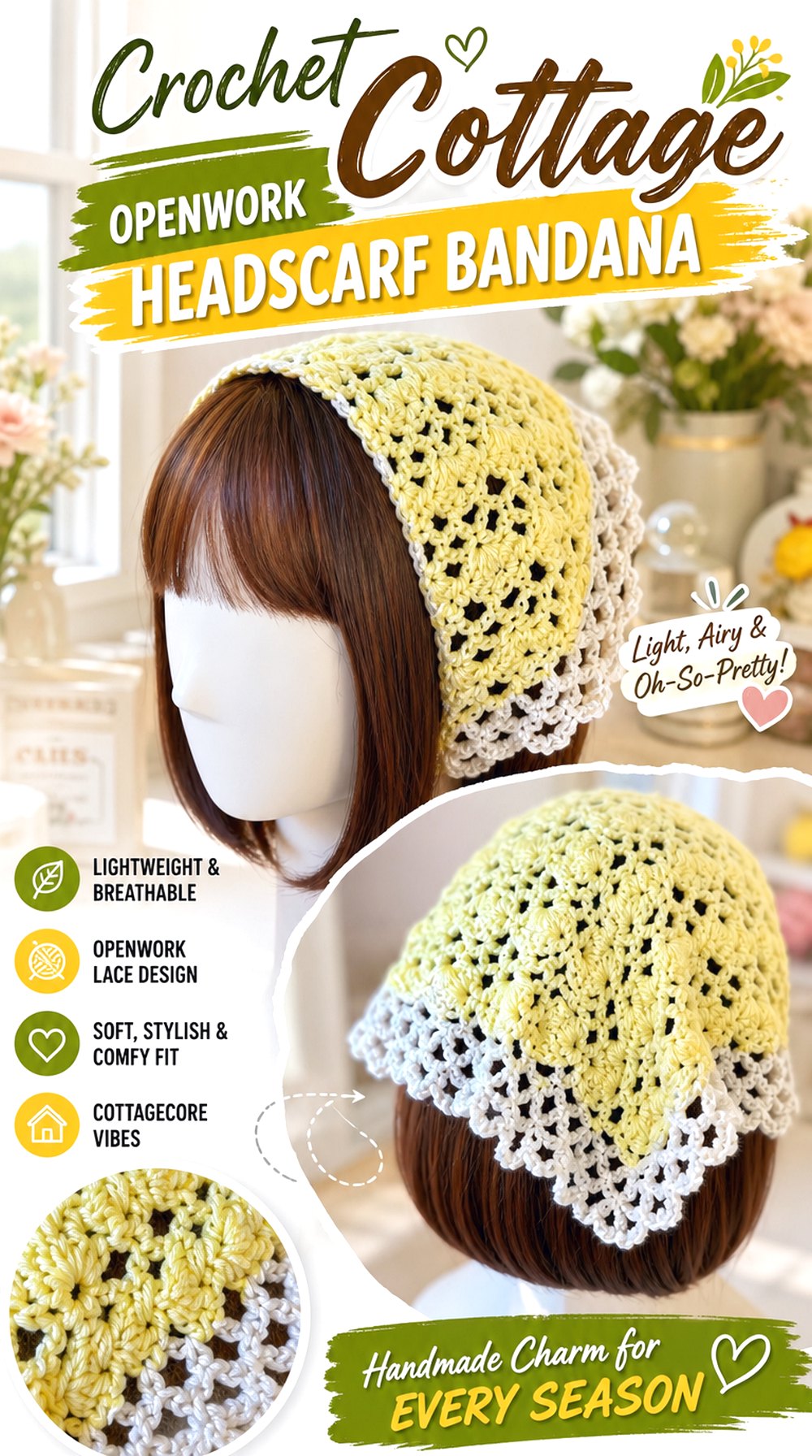 Crochet Cottage Openwork Headscarf Bandana