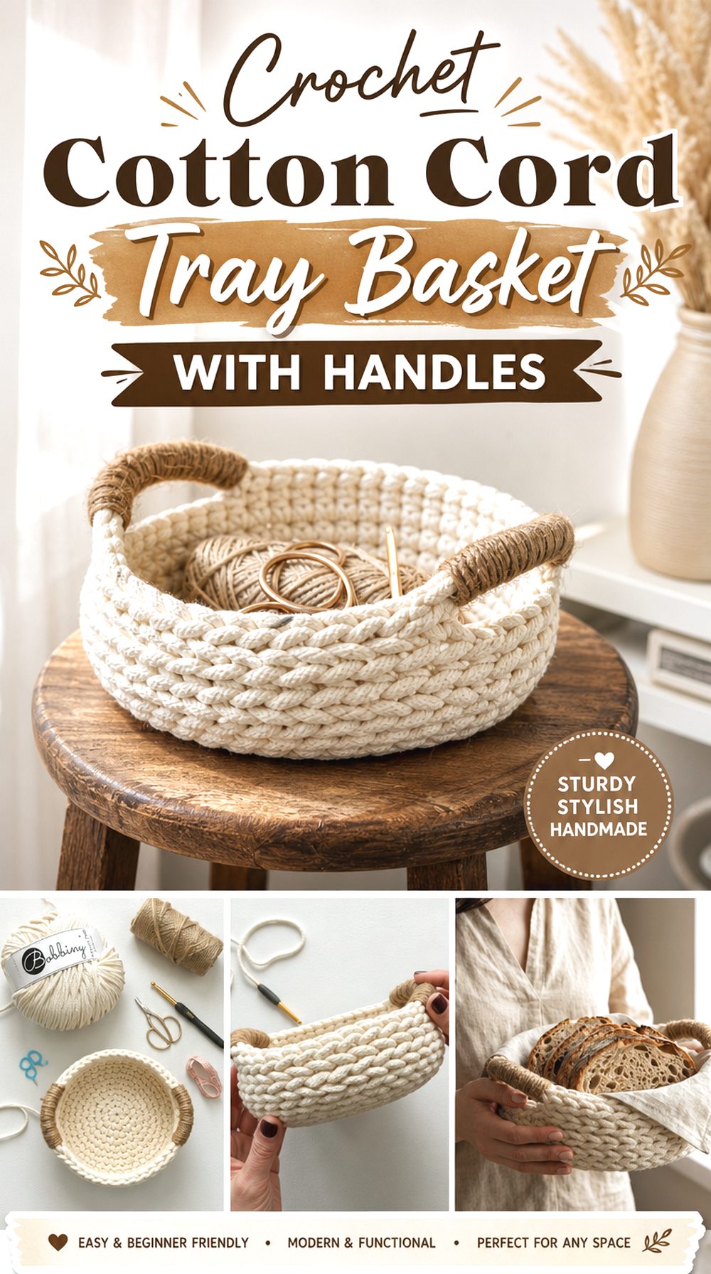 Crochet Cotton Cord Tray Basket with Handles