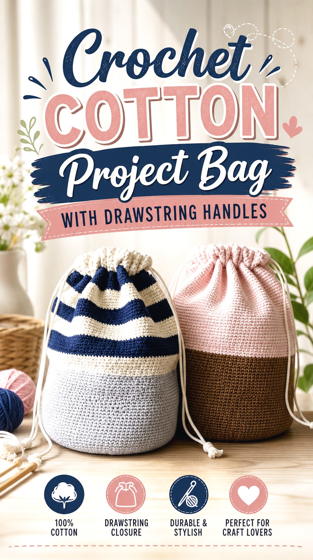 Crochet Cotton Project Bag With Drawstring Handles