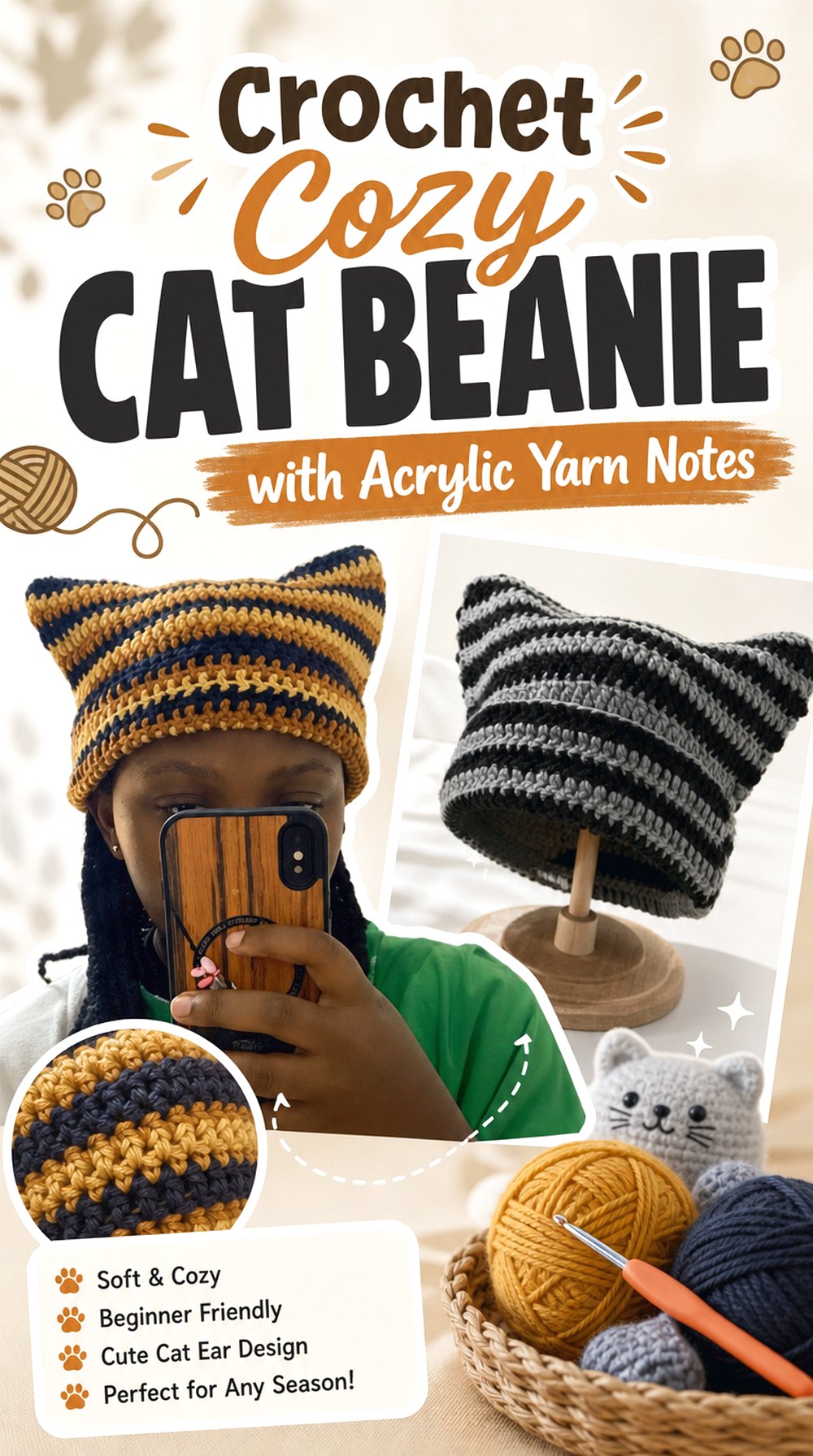Crochet Cozy Cat Beanie with Acrylic Yarn Notes