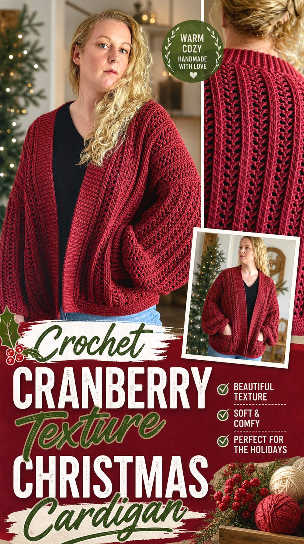 Crochet Cranberry Texture Christmas Cardigan