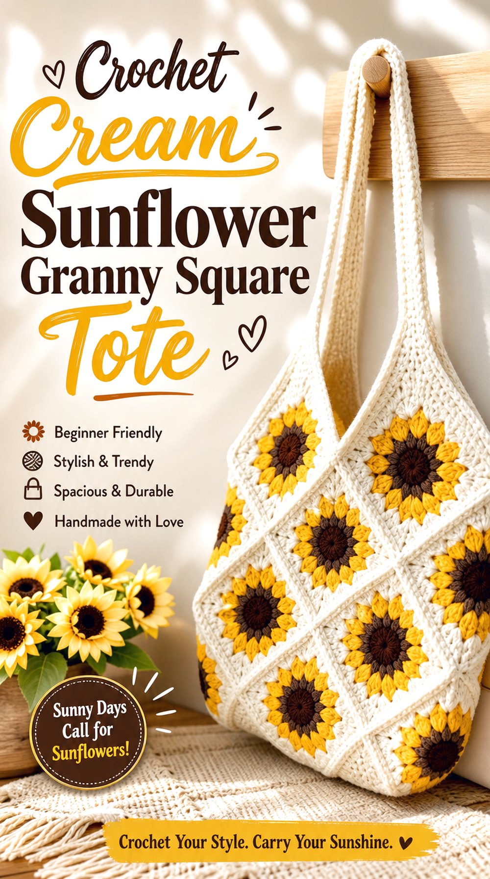 Crochet Cream Sunflower Granny Square Tote