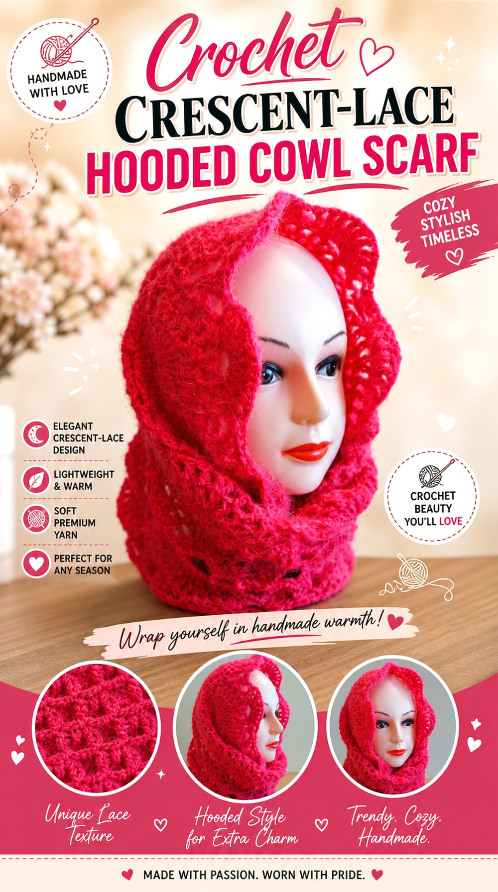 Crochet Crescent Lace Hooded Cowl Scarf