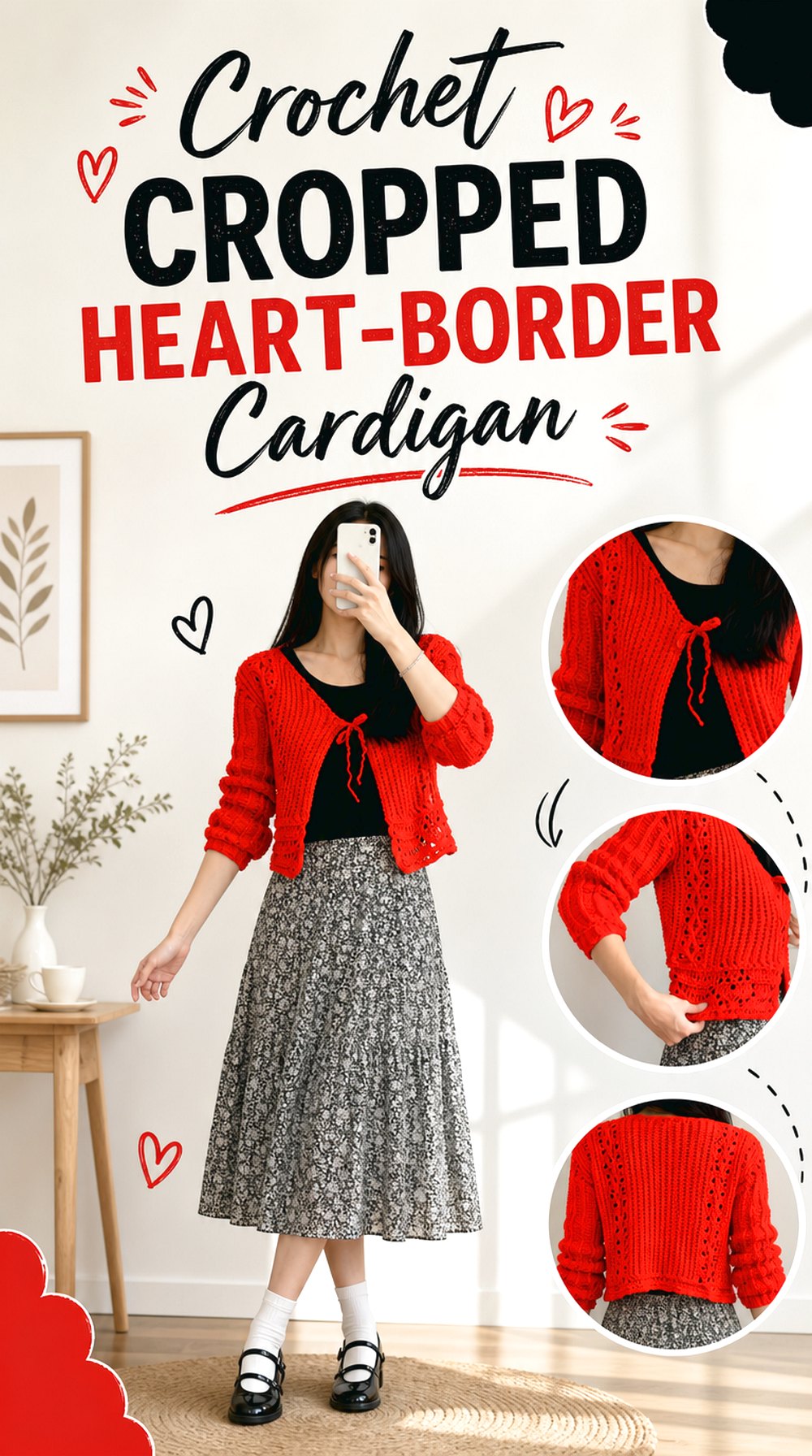 Crochet Cropped Heart Border Cardigan