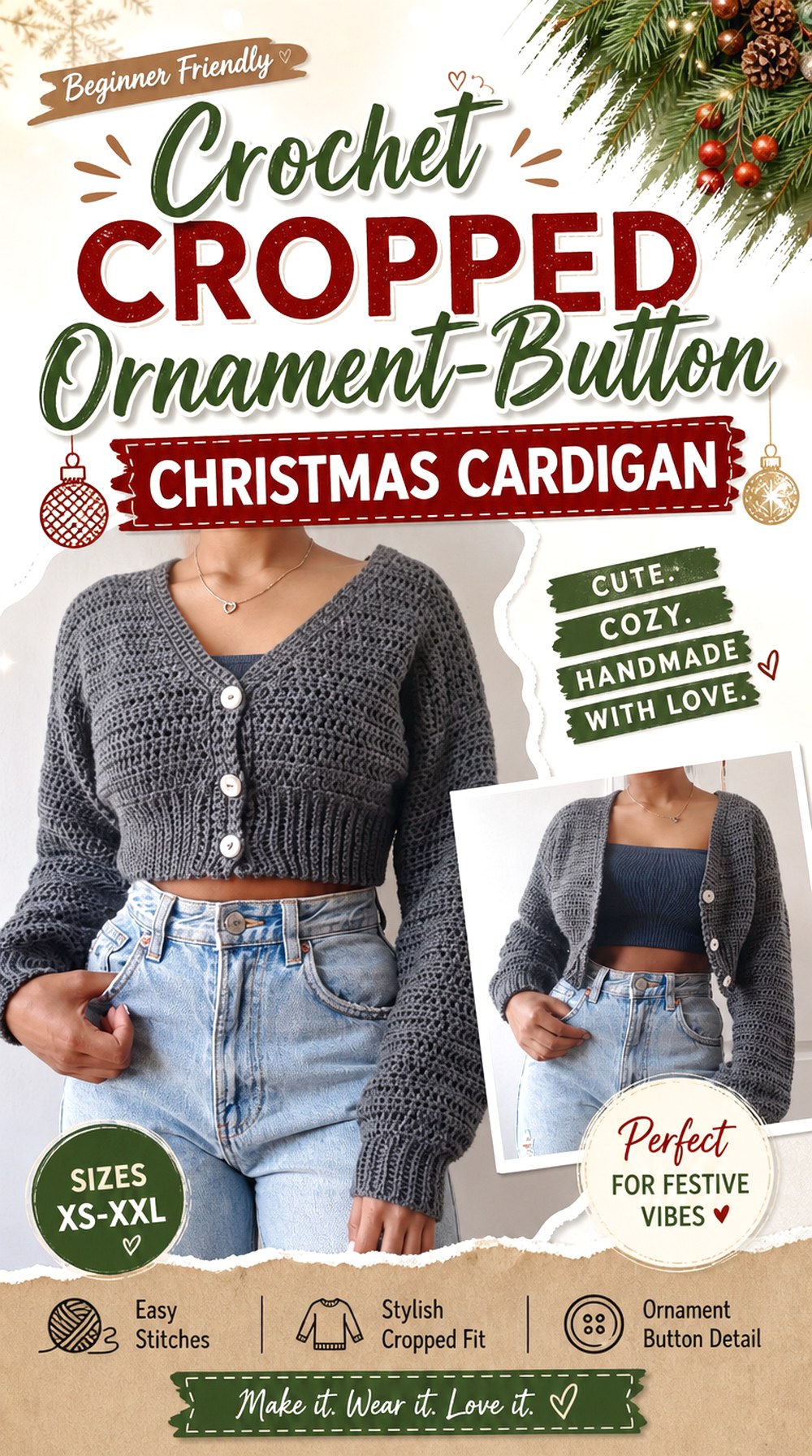 Crochet Cropped Ornament Button Christmas Cardigan