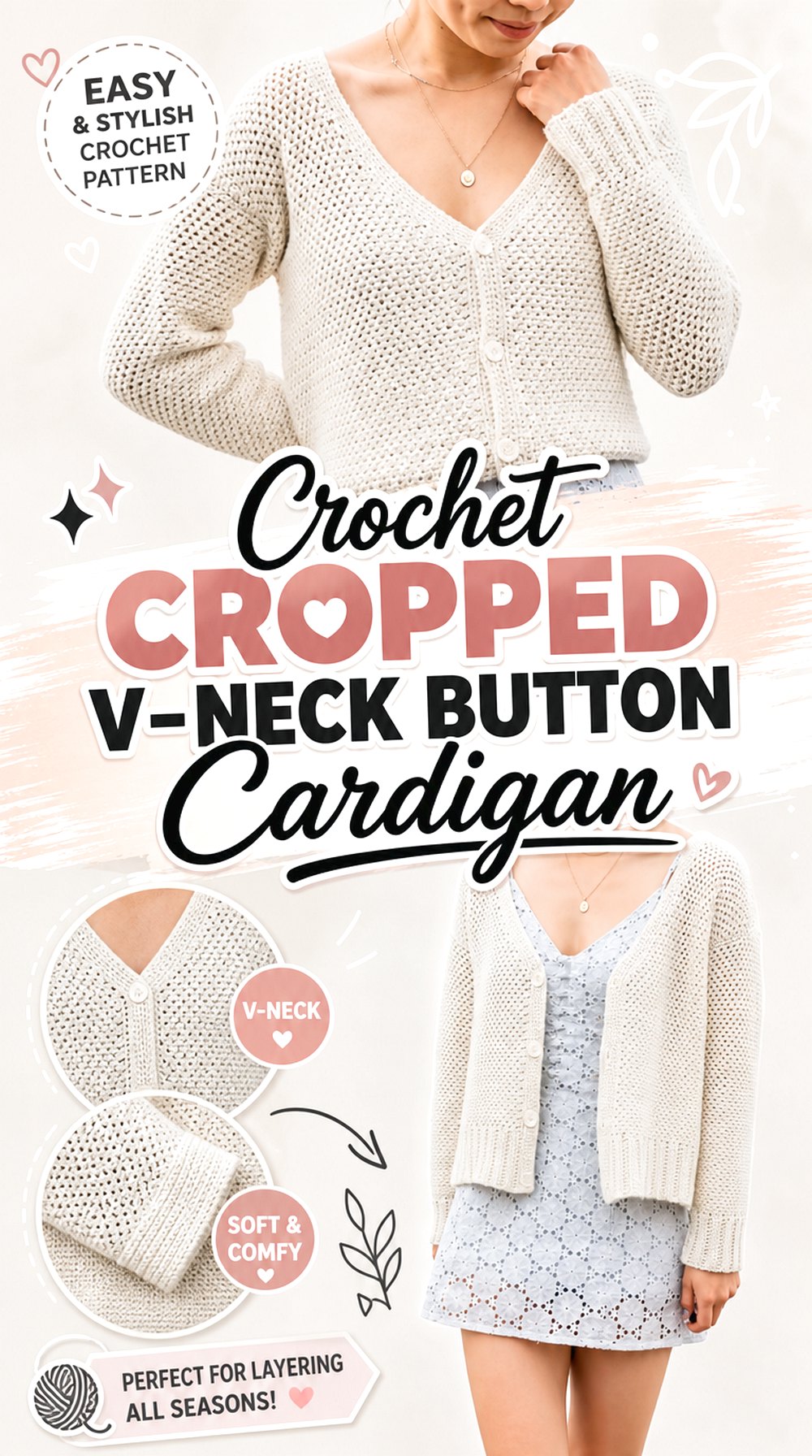 Crochet Cropped V Neck Button Cardigan
