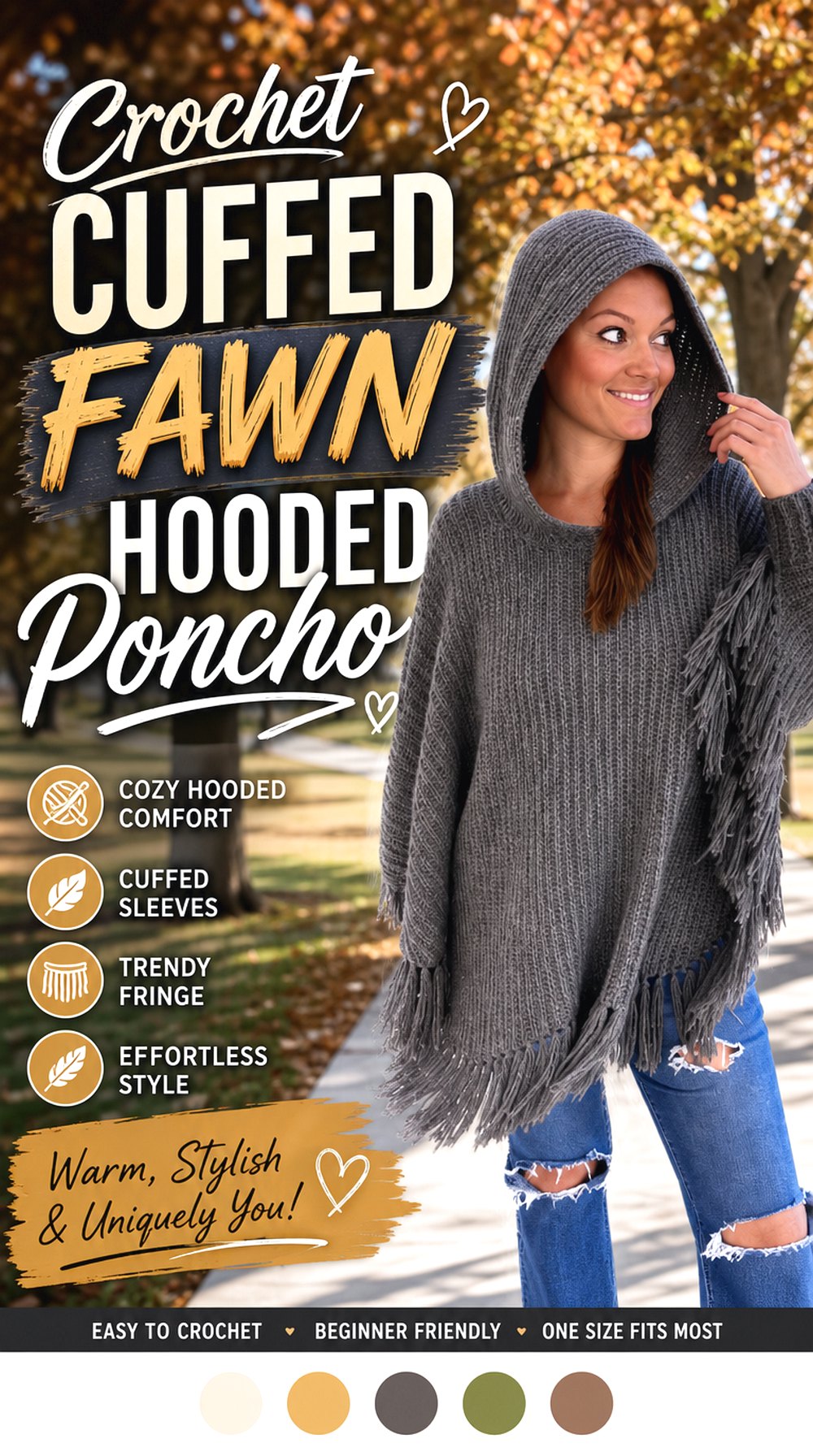 Crochet Cuffed Fawn Hooded Poncho