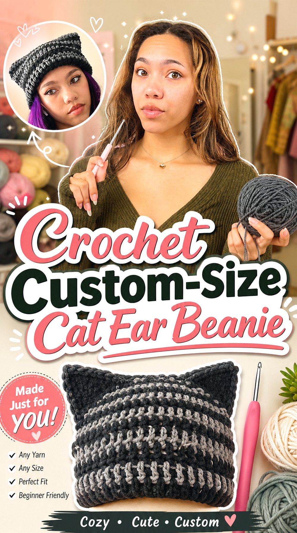 Crochet Custom Size Cat Ear Beanie