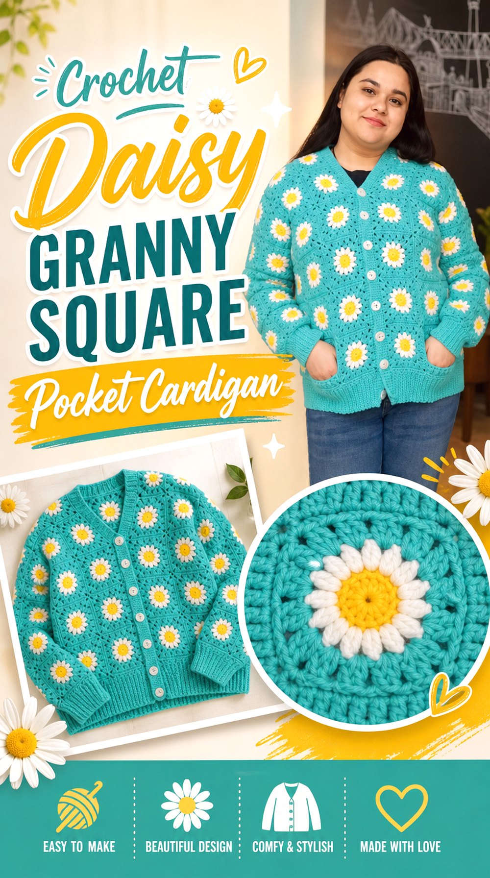 Crochet Daisy Granny Square Pocket Cardigan