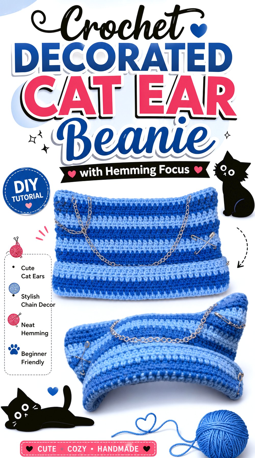 Crochet Decorated Cat Ear Beanie with Hemming Focus