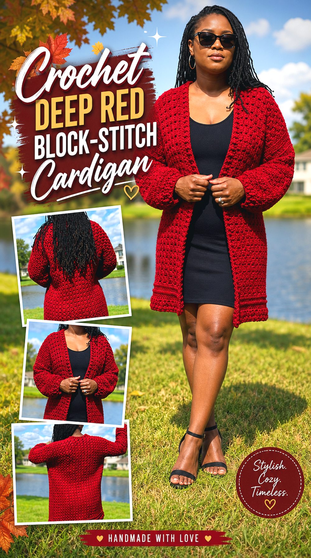 Crochet Deep Red Block Stitch Cardigan