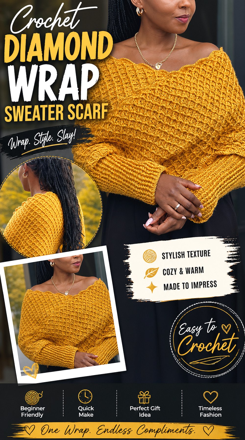 Crochet Diamond Wrap Sweater Scarf
