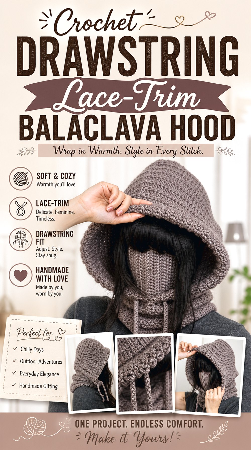 Crochet Drawstring Lace Trim Balaclava Hood