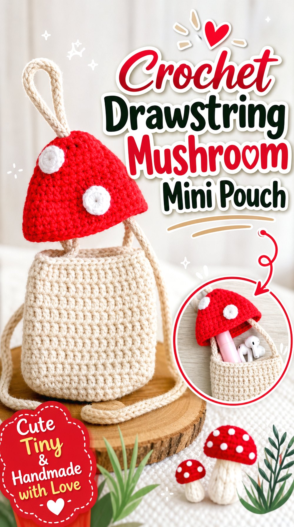 Crochet Drawstring Mushroom Mini Pouch