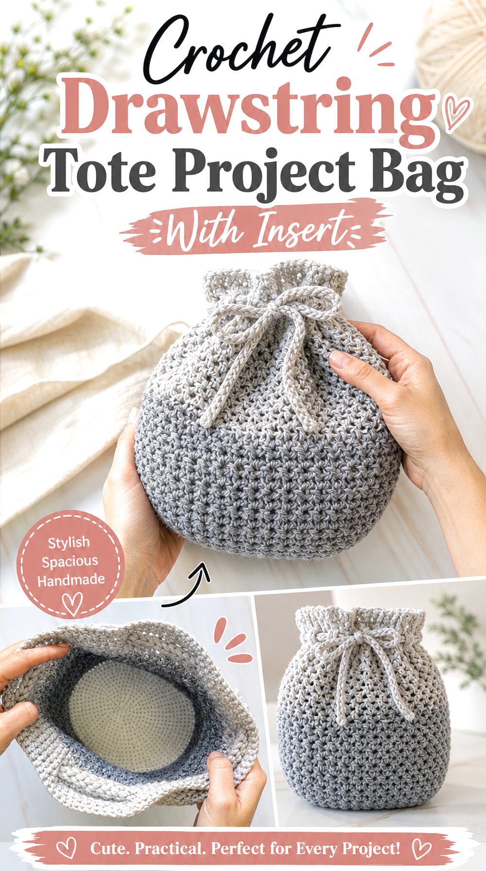 Crochet Drawstring Tote Project Bag With Insert